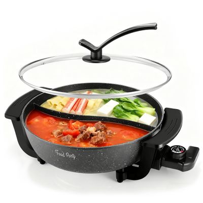 Food Party Electric Hot Pot with Divider Hotpot Pot Electric Hopot Cooker Shabu Shabu Pot 110V 1200W Non-Stick 6-Quart BPA FREE Fondue Chinese Hot Pot