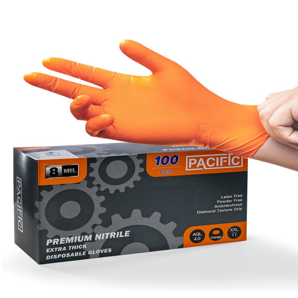 PACIFIC PPE 8 Mil Orange Nitrile Disposable Gloves, Industrial, XX-Large