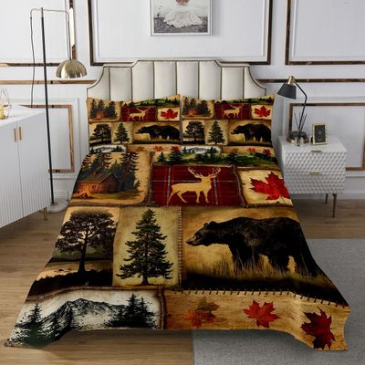 Erosebridal Rustic Farmhouse Quilt Set King Size, Retro Cabin Lodge Coverlet Set, Hunting Bear Deer Bedspread Set, Country Maple Leaves Bedding Set, Rustic Woodland Pine Tree Bed Set, Red Brown, 3Pcs