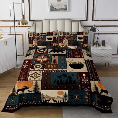 Bohemian Deer Bedspread Set Queen, Bear Wildlife Hunting Theme Quilt Set, Cabin Decor Buffalo Plaid Grid Bedding Set for Adult Women Men, Retro Xmas Pine Tree Coverlet Set, Geometric Bed Set, 3Pcs