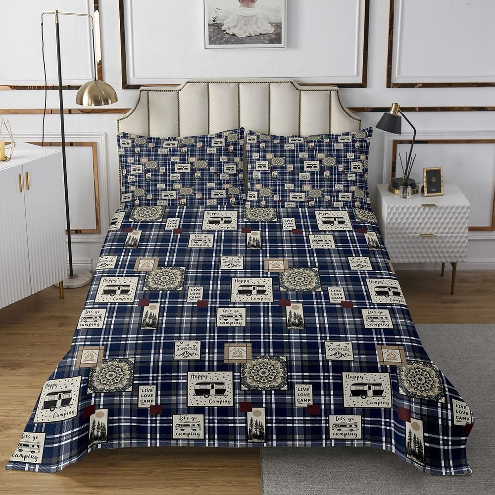 Buffalo Plaid Quilt Set, Happy Camping Bedspread Set, Bohemian Mandala Floral Coverlet Set, Camper Car Adventure Bedding Set for Travel Trailers, Cartoon Camper Bed Set, Blue White, Queen 3Pcs