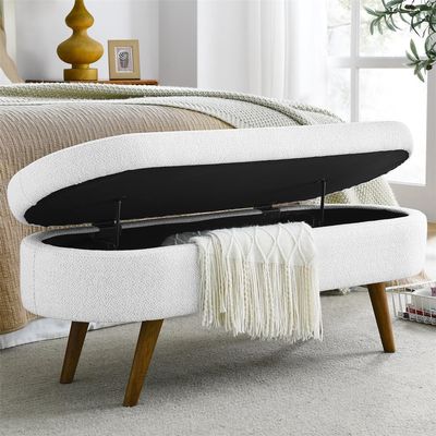 SULOPS Oval Storage Ottoman, End of Bed Bench Storage Stool Upholstered Settee Bench for Bedroom Living Room Entryway, Rubber Wood Legs (43.5" White Linen)