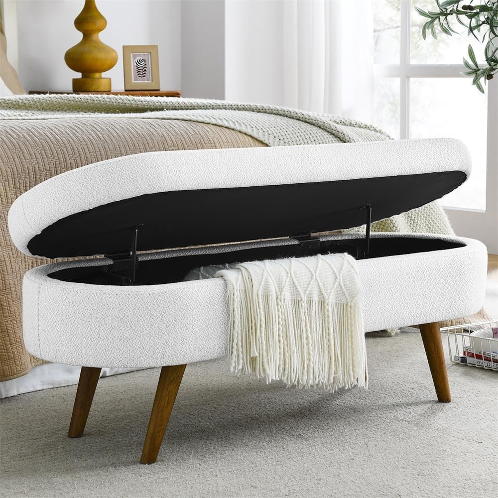 SULOPS Oval Storage Ottoman, End of Bed Bench Storage Stool Upholstered Settee Bench for Bedroom Living Room Entryway, Rubber Wood Legs (43.5" White Linen)