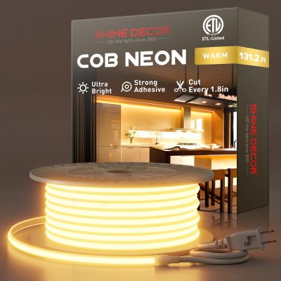 Shine Decor COB LED Rope Light AC 120V, 800lm Ultra Bright, IP65 Waterproof Cold-Resistant ETL Neon Strip, No Driver Tape Lighting for Home Commercial 10x4.5mm, 2800K Warm White, 131.2ft