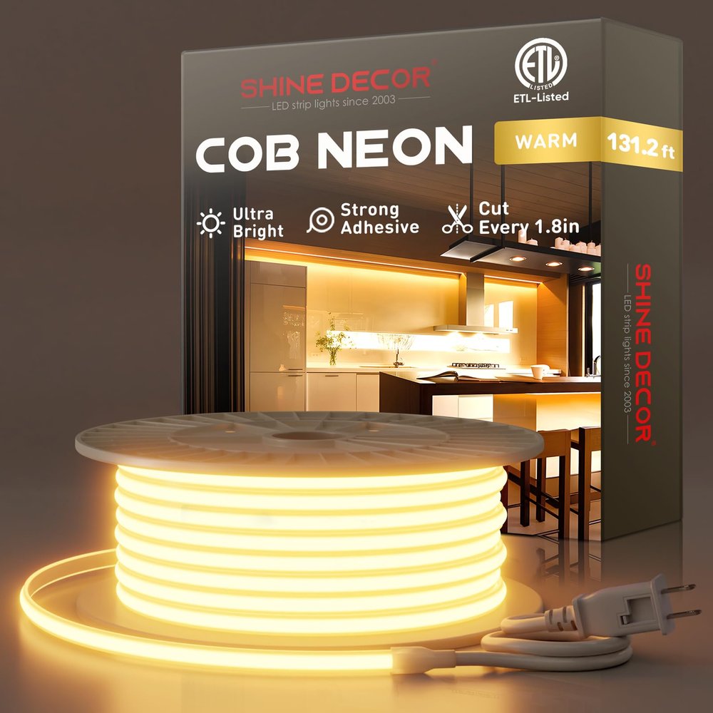 Shine Decor COB LED Rope Light AC 120V, 800lm Ultra Bright, IP65 Waterproof Cold-Resistant ETL Neon Strip, No Driver Tape Lighting for Home Commercial 10x4.5mm, 2800K Warm White, 131.2ft