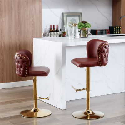 BAXMUY Leather Swivel Bar Stool Adjustable Counter Height Barstools Set of 2, Modern Upholstered Pu Bar Chair with Back Tufted & Nailhead Gold Chrome Base, for Home Pub and Kitchen Island, Wine Red