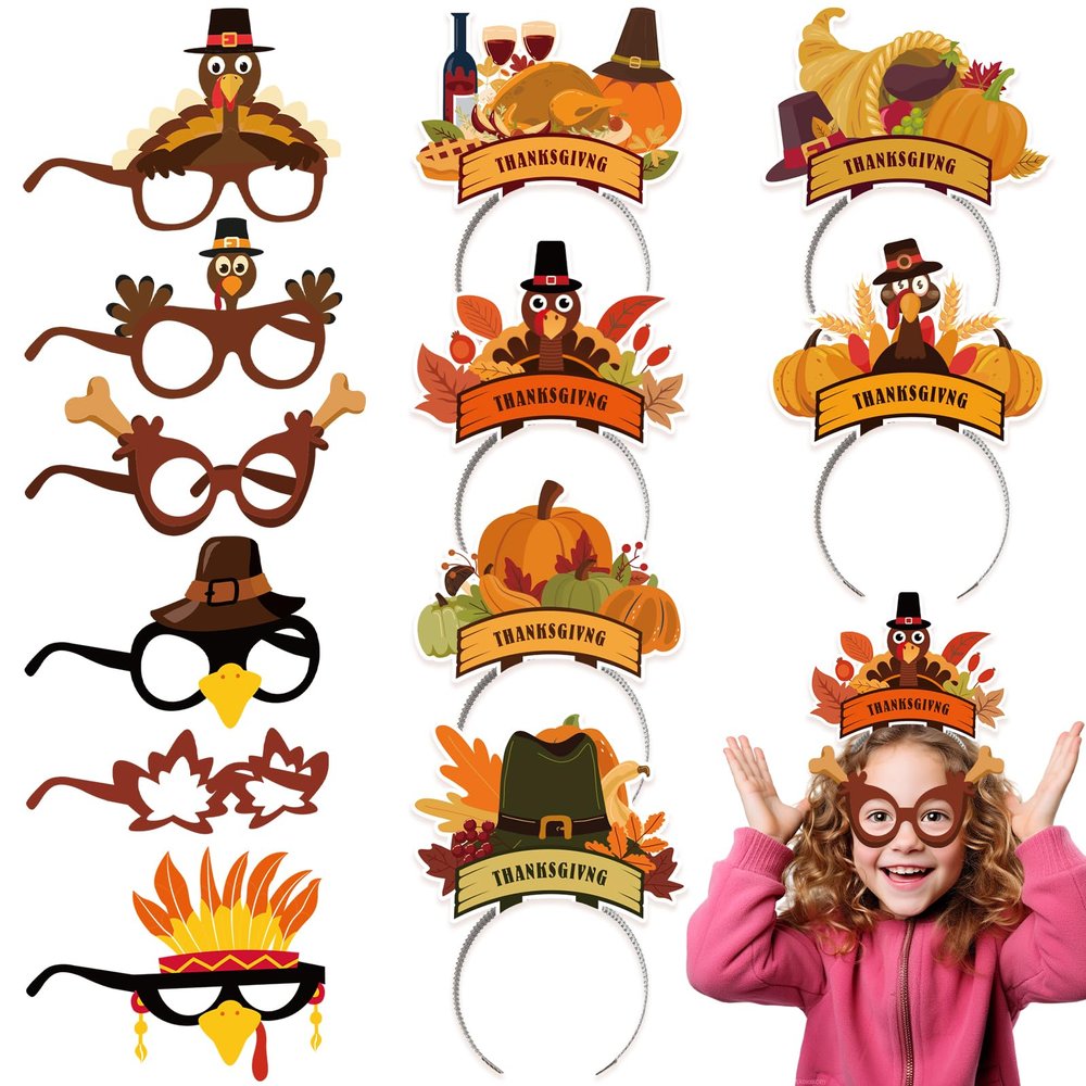 LovesTown Thanksgiving Turkey Headbands Thanksgiving Paper Eyeglasses Frame for Kids Adults Party Favors Photo Props, 12 Styles