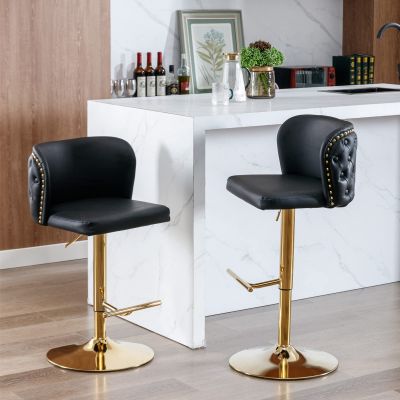 BAXMUY Leather Swivel Bar Stool Adjustable Counter Height Barstools Set of 2, Modern Upholstered Pu Bar Chair with Back Tufted & Nailhead Gold Chrome Base, for Home Pub and Kitchen Island, Black