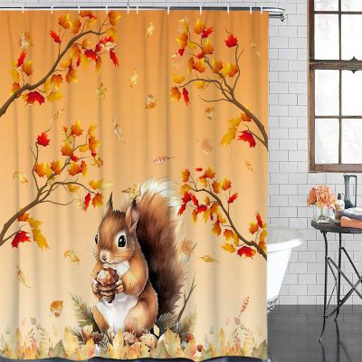 Fall Squirrel Shower Curtain for Bathroom, Thanksgiving Shower Curtain Set with 12 Hooks Cute Autumn Animals Fallen Leaves Waterproof Fabric Bathroom Bathtubs Decor for Farmhouse Home, 48"W x 72"L