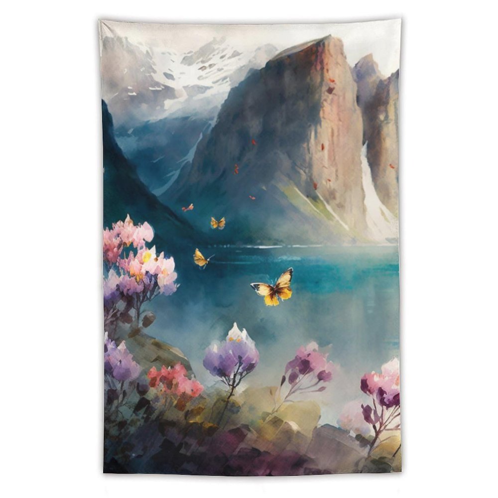 Gokays Room Decor Tapestry Wall Hanging, Mountain, Flower & Butterfly Art Oil Painting Tapestry, Aesthetic Wall Tapestries for Bedroom Dorm Living Room, 40"x60"