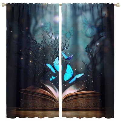 Magic Book Forest Curtains Fantasy Fairy Tale Misty Forest Night Beautiful Animals Butterflies Window Drapes Rod Pocket Curtains Darkening Thermal Insulated for Living Room 84x84in