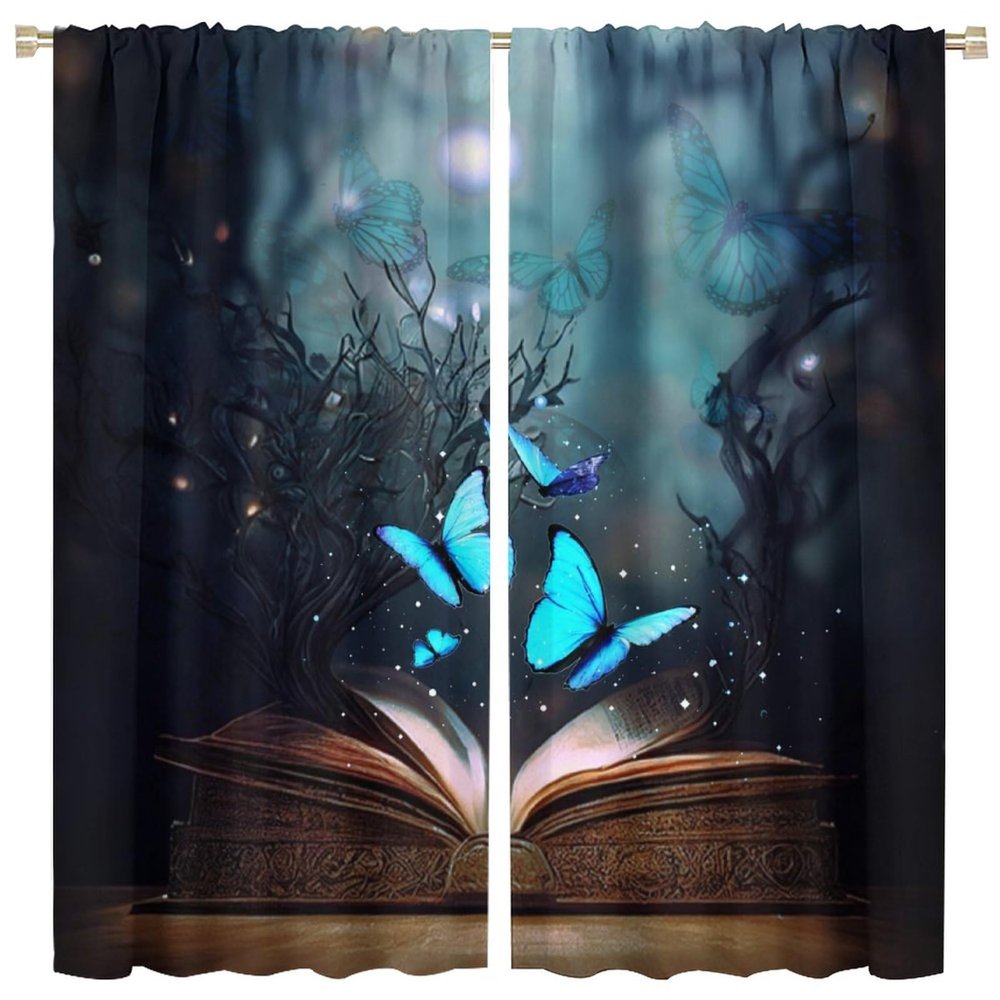 Magic Book Forest Curtains Fantasy Fairy Tale Misty Forest Night Beautiful Animals Butterflies Window Drapes Rod Pocket Curtains Darkening Thermal Insulated for Living Room 84x84in