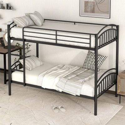 Twin Over Twin Metal Bunk Bed,Divided into Two Beds,with Full Length Guardrail & Storage Space. Ideal for Children's and Teenagers' bedrooms.No Box Spring Needed (Black#W)