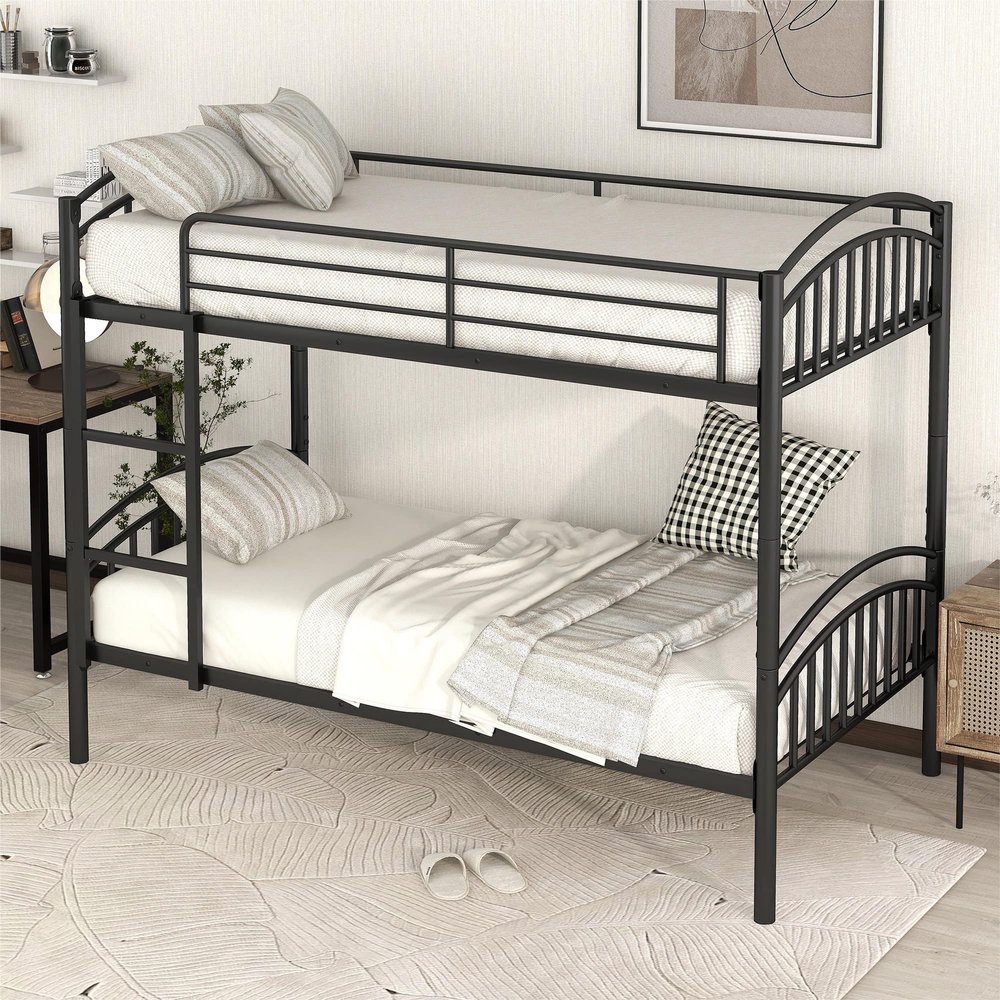 Twin Over Twin Metal Bunk Bed,Divided into Two Beds,with Full Length Guardrail & Storage Space. Ideal for Children's and Teenagers' bedrooms.No Box Spring Needed (Black#W)