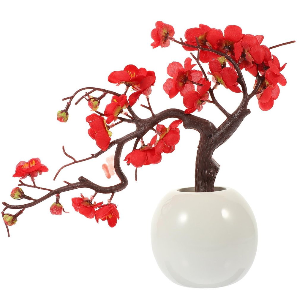 Garneck Artificial Plum Flowers wiht Pot - Artificial Flowers Kit with Planter - Chinese Traditional - Small Silk Plum Flowers Plant Potted Decor for Home Office Store Window