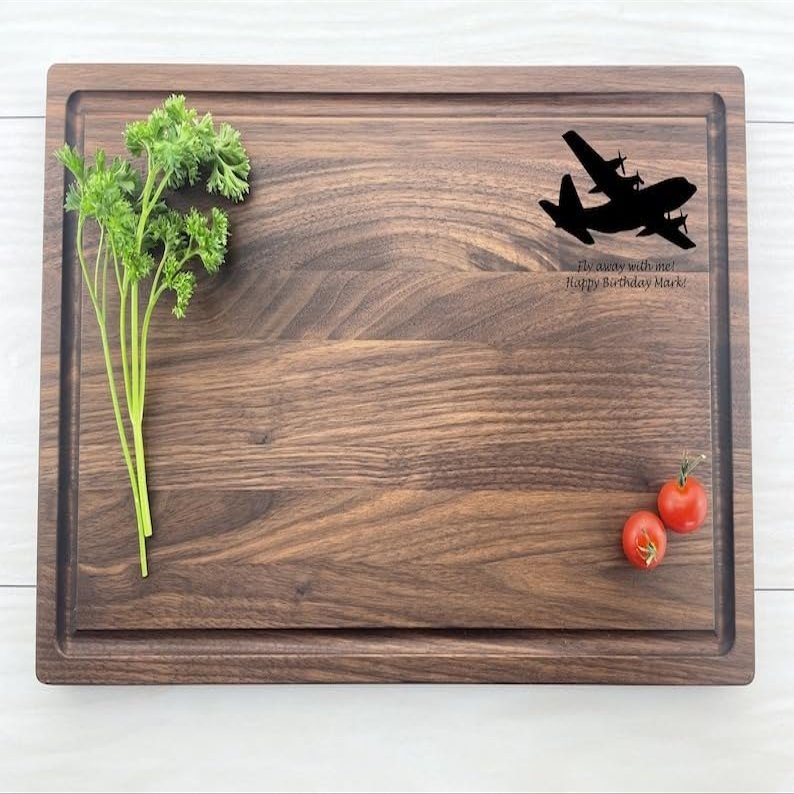 Personalized Cutting Board, Engraved Cutting Board, Airplane Design, Captains Gift, Airplane Gift, Pilots Birthday Gift, Travelers Gift, 197 (Maple, Arched 12" x 9")