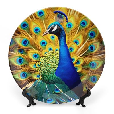 10 Inches Decorative Plates Beautiful Colorful Peacock Bird Wildlife Ceramic Ornament Display Plate with Stand Rustic Wall Hanging Decor Ornaments Dessert Plates