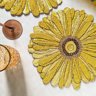 Enliven Handmade Beaded placemat, Floral Yellow tablemat, 14 inch, Charger Plate | Set of 6