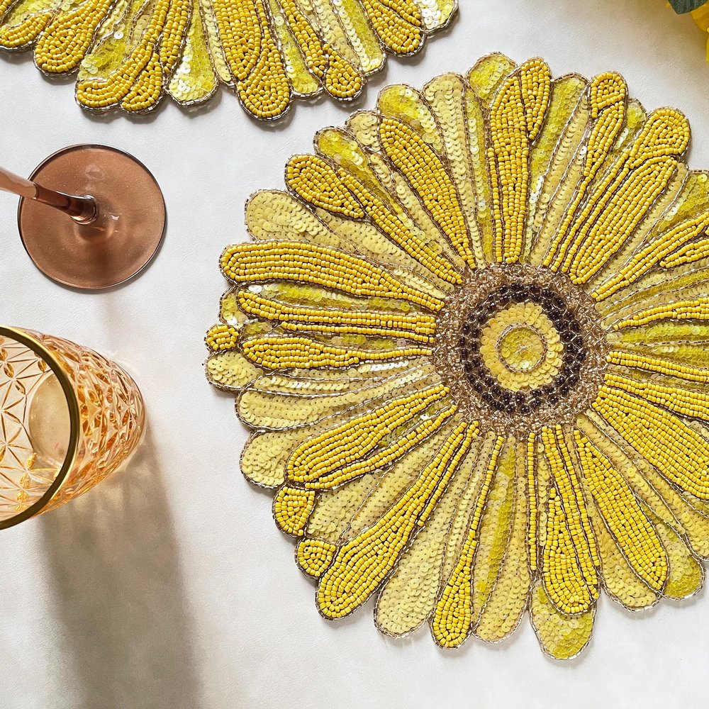 Enliven Handmade Beaded placemat, Floral Yellow tablemat, 14 inch, Charger Plate | Set of 6