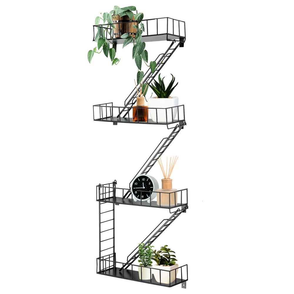 Zonon Fire Escape Wall Shelf Hanging Metal Ladder Shelves Wall Decor Cool Bookshelf Organizer Floating Shelves Action Figure Shelf for Home Bedroom Storage Display(Black,4 Tier)