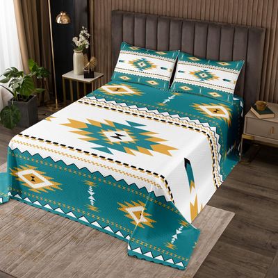 Erosebridal Boho Lattice Quilt Set Twin, Aztec Bedspread Set, Bohemian Navajo Ethnic Retro Yellow Striped Exotic Western Tribal Coverlet Set Teal Medallion Egyptian Bedroom Decor Bed Set
