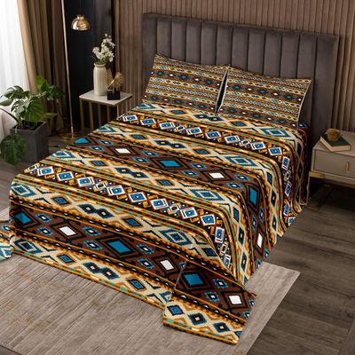 Boho Tribal Quilt Set King, Retro Exotic Bedspread Set, Vintage Lattice Bohemian Soft Luxury Coverlet Set, Orange Antique Grid Damask Tribal Ethnic Egyptian Bed Set