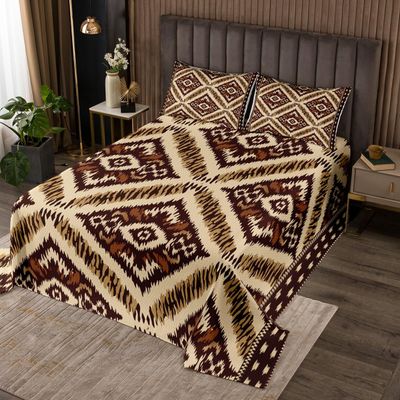 Ikat Bedspread Set Twin Aztec Quilt Set Paisley Floral Geometric Brown Ethnic Embroidery Coverlet Set Traditional Oriental Traditional Abstract Room Decor Bed Set for Man Woman
