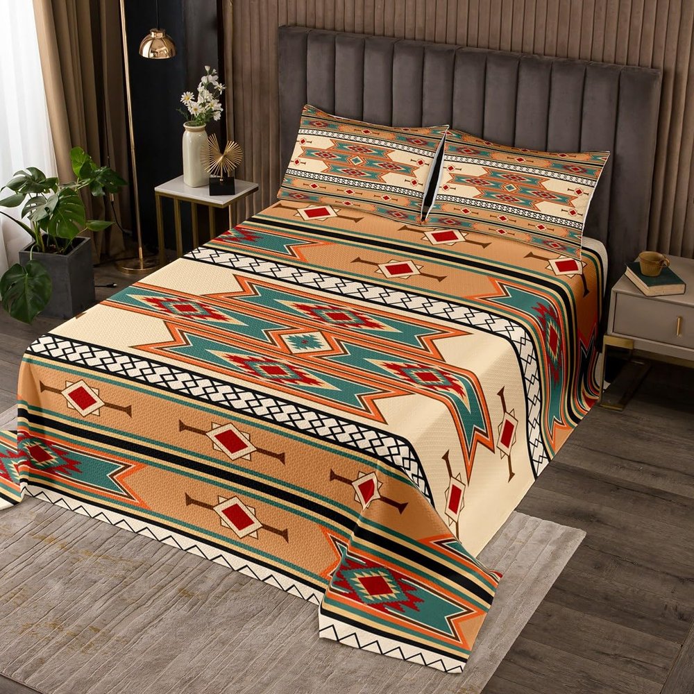 Erosebridal Exotic Quilt Set Twin Tribal Bedspread Set American Southwest National Ethnic Boho Abstract Geometric Coverlet Set Brown Teal Aztec Bedroom Decor Bed Set for Adults Men Women