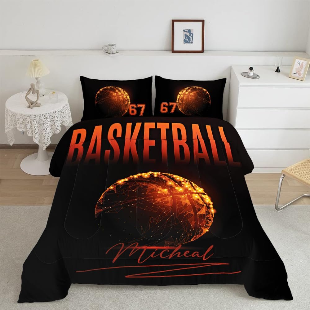 Kids Basketball Bedding Set Comforter Set for Boys Teens Men Gold Basketball Ball Comforter Basketball Quilt Bedding Set Soft Lightweight Microfiber Full Size with 1 Comforter 2 Pillowcases Full Size