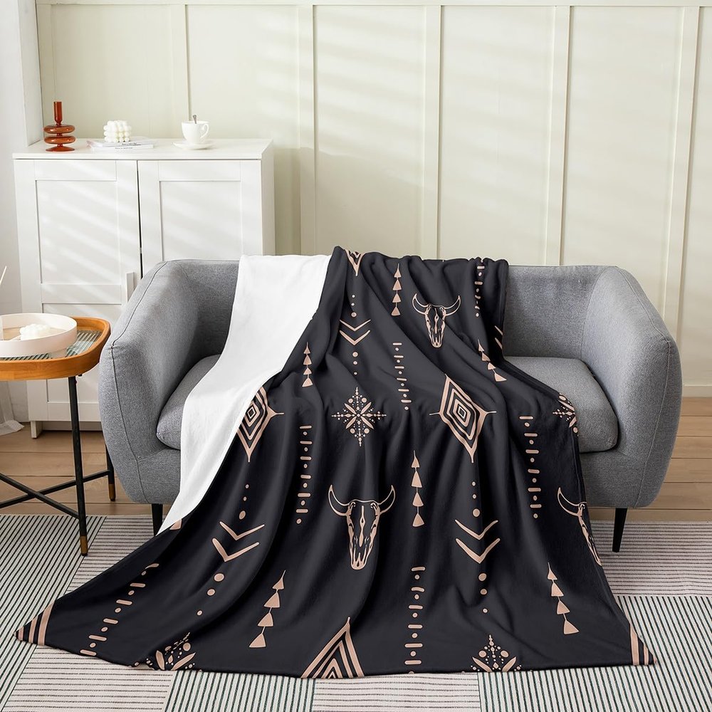 Bull Skull Blanket Throw 50x60 Inch Boho Throw Blanket Ethnic Horns Bohemian Fleece Blanket Brown Tribal Symbol Mysterious Aztec Bedroom Decor Abstract Geometric Fuzzy Blanket For Men Boys