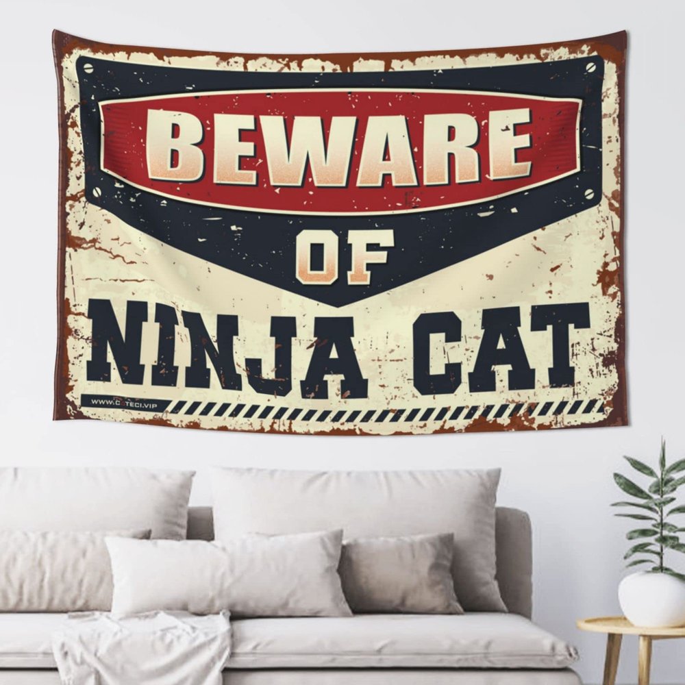 Abipuir Tapistreys for Room Beware of Ninja Cat Tapestry Wall Tapestry Large Tapistreys for Room (Size : 100X150CM)