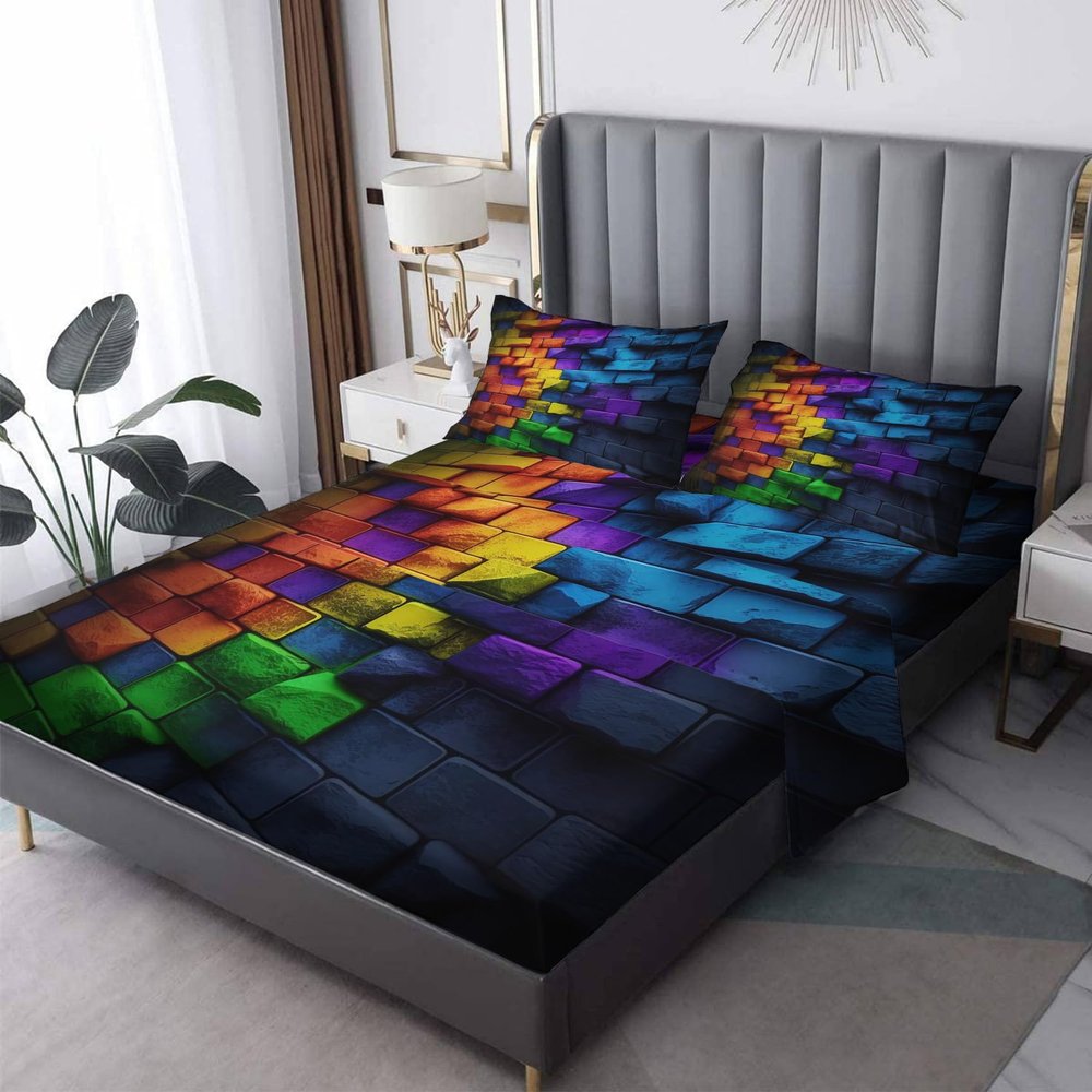 Geometric Sheets Twin XL Size, Colorful Bed Sheets, Patterned Bedding Sheets & Pillowcases 3 Piece Set - Soft Microfiber Deep Pocket Fitted Sheet & Flat Sheet & Pillow Case 3Q&-528