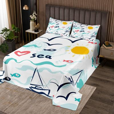 Sea Summer Quilt Bedding Set Queen Size,Watercolor Cartoon Ocean Hand Painting Bedspread Coverlet for Girls Teens,Fish Anchor Sun Ship Bird Waves Print Soft Polyester Quilt Set, All Season