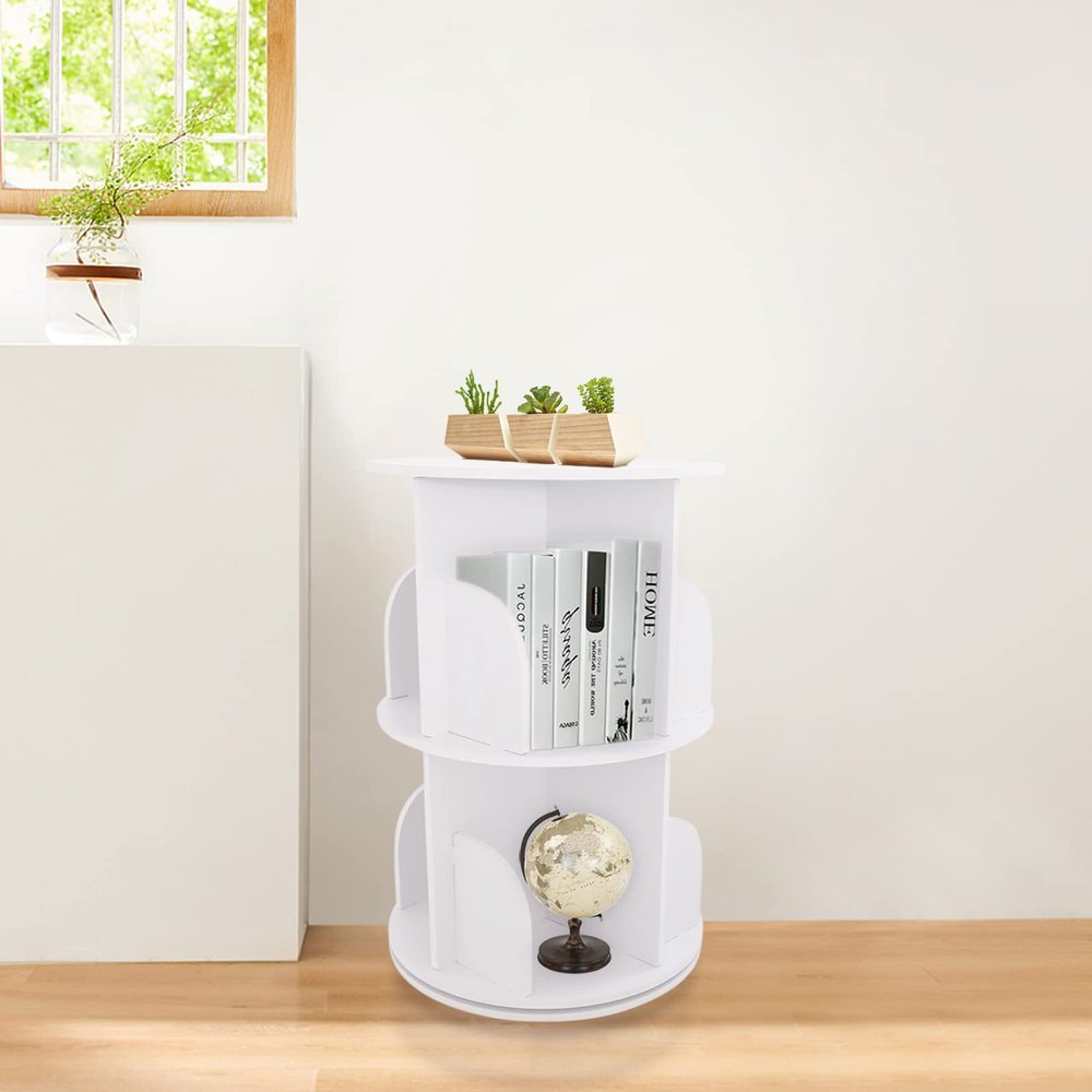 360 Rotating Bookshelf, 2 Tier Cube Storage Shelf PVC Wood-Plastic Board Corner Bookshelf Floor Standing Bookcase Multi-Functional Bookshelf Organizer Coffee Table for Home, Office (15.7")