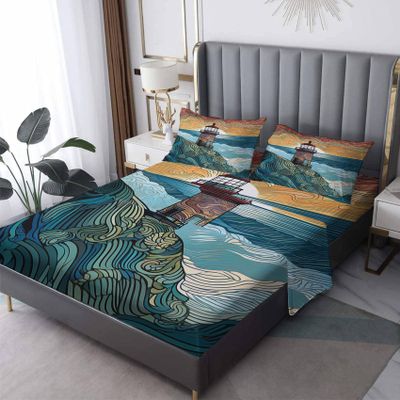 Oil Painting Sheets Twin XL Size, Lighthouse Bed Sheets, Patterned Bedding Sheets & Pillowcases 3 Piece Set - Soft Microfiber Deep Pocket Fitted Sheet & Flat Sheet & Pillow Case 3Q&-507
