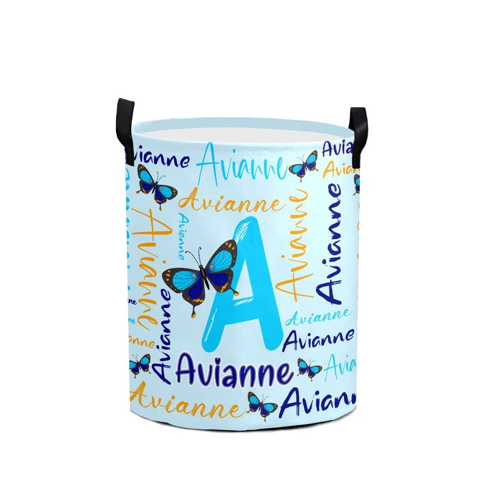 Custom Blue Black Butterfly Letter Laundry Hamper Personalized Laundry Basket with Name Storage Basket with Handle for Bathroom Living Room Bedroom