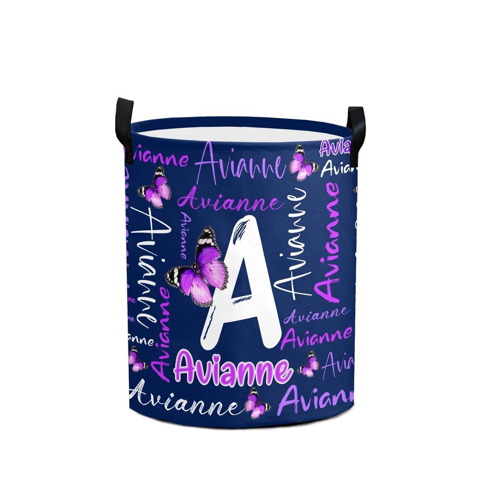 Custom Letter Purple Butterflies Laundry Hamper Personalized Laundry Basket with Name Storage Basket with Handle for Bathroom Living Room Bedroom