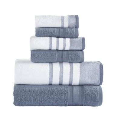 CLENEA Set of 6 Quick Dry Striped Cotton Bath Towels, Denim Blue