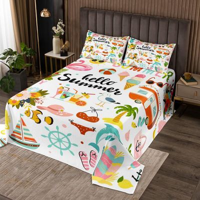 Beach Camping Quilt Bedding Set Queen Size,Summer Surfing RV Camper Car Themed Bedspread Coverlet for Girls Teens,Flip-Flops Surfboard Trees Flowers Fish Soft Polyester Quilt Set, All Season