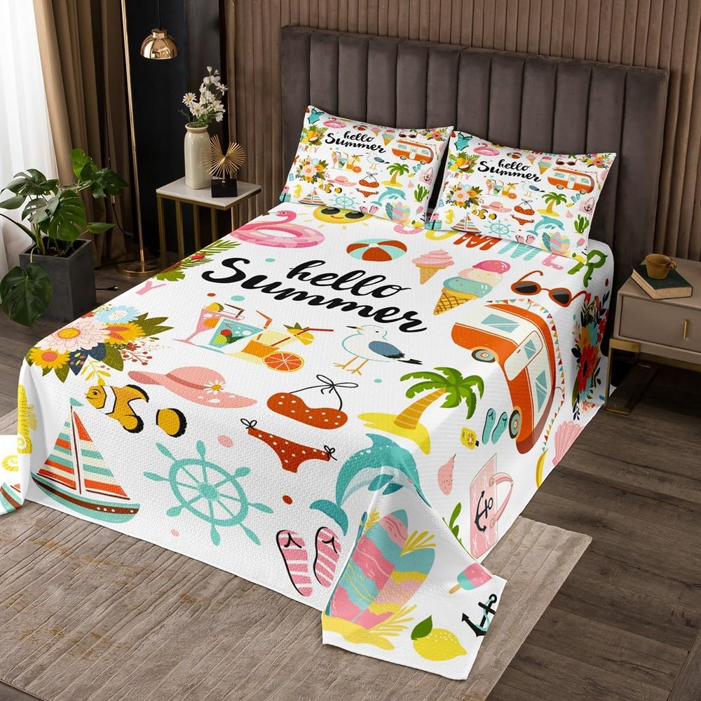 Beach Camping Quilt Bedding Set Queen Size,Summer Surfing RV Camper Car Themed Bedspread Coverlet for Girls Teens,Flip-Flops Surfboard Trees Flowers Fish Soft Polyester Quilt Set, All Season