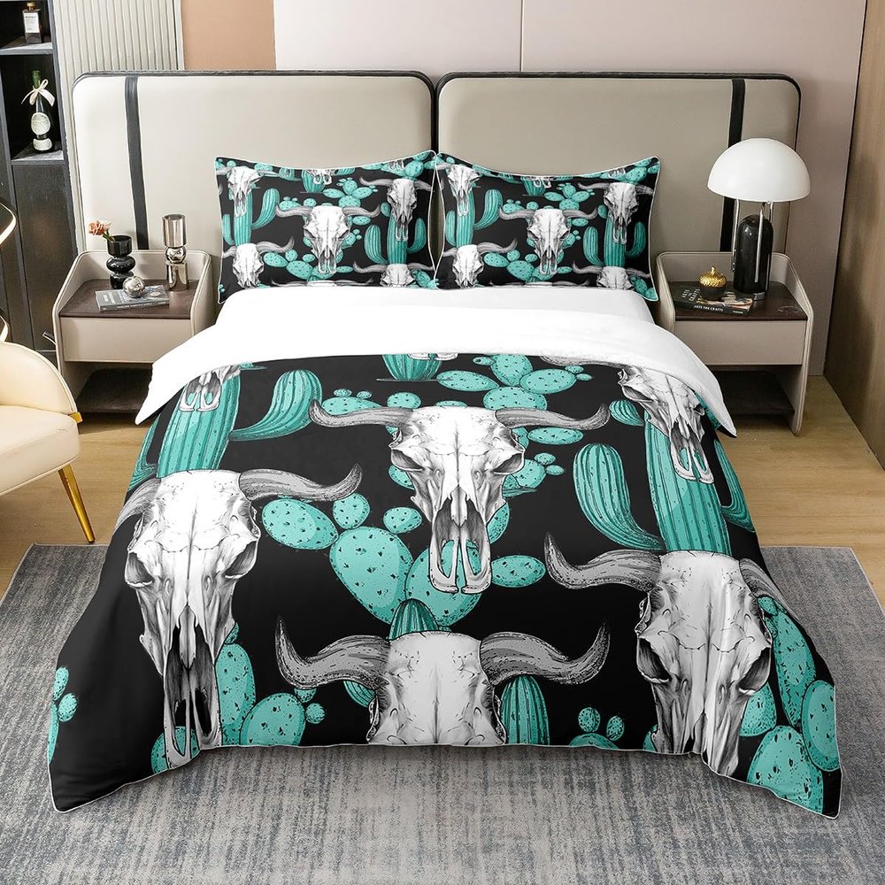 100% Cotton Buffalo Skull Duvet Cover Queen Cactus Bedding Set Wild West American Desert Tribal Comforter Cover Boho Western Botanical Room Decor Teal Black Ethnic Quilt Cover for Boys Men
