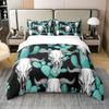 100% Cotton Buffalo Skull Duvet Cover Queen Cactus Bedding Set Wild West American Desert Tribal Comforter Cover Boho Western Botanical Room Decor Teal Black Ethnic Quilt Cover for Boys Men view 1