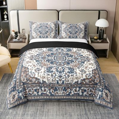100% Cotton Antique Duvet Cover Full, Boho Bedding Set, Blue Brown Damask Floral Bohemian Flowers Retro Comforter Cover, Exotic Tribal Medallion Egyptian Bedroom Decor Quilt Cover