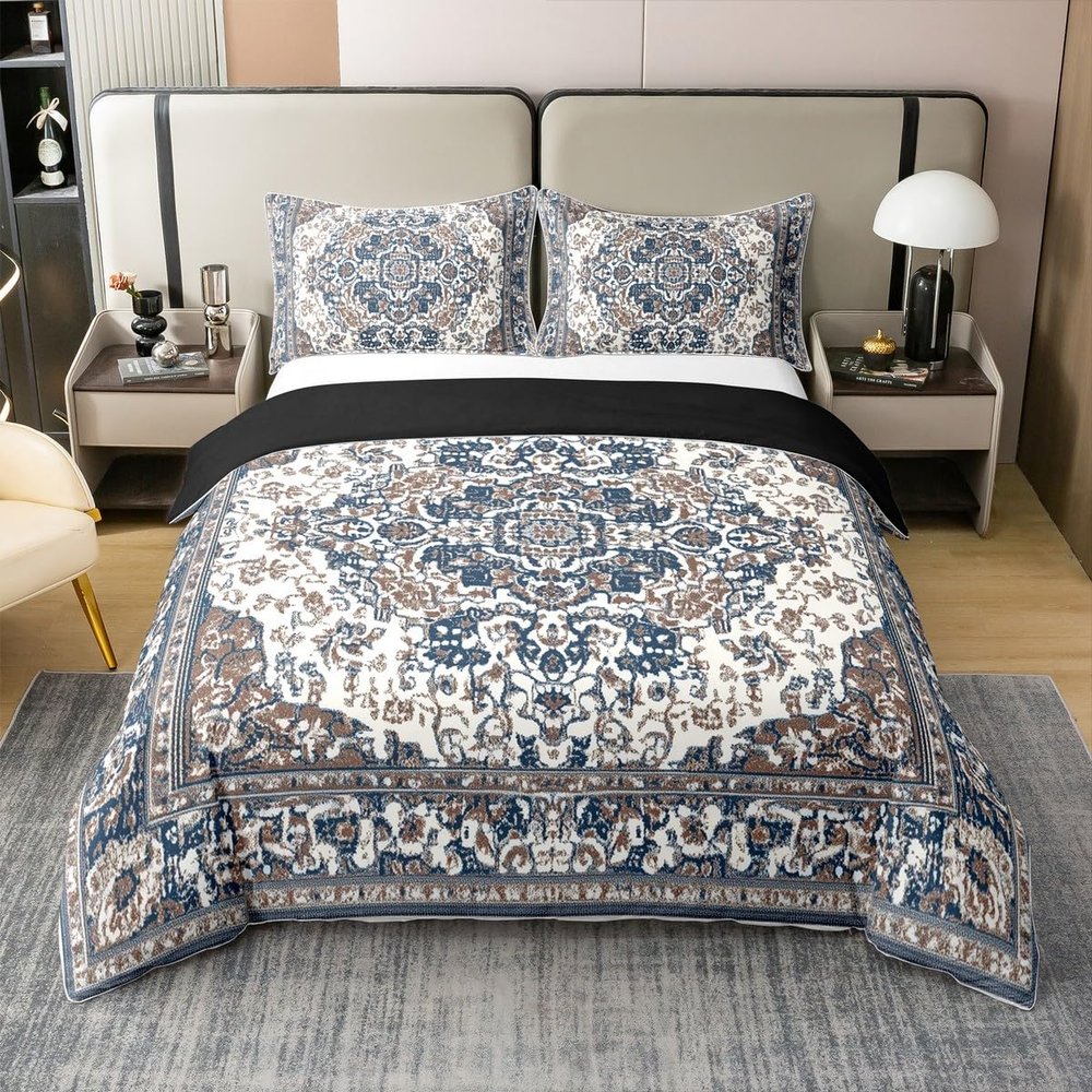 100% Cotton Antique Duvet Cover Full, Boho Bedding Set, Blue Brown Damask Floral Bohemian Flowers Retro Comforter Cover, Exotic Tribal Medallion Egyptian Bedroom Decor Quilt Cover