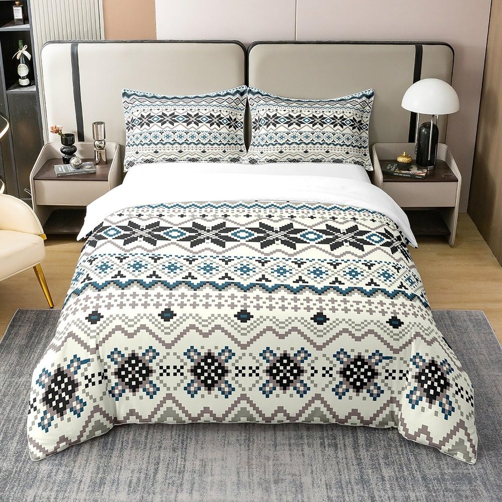Erosebridal 100% Organic Cotton Abstract Snowflakes Duvet Cover Queen Aztec Bedding Set Blue Ethnic Native American Southwestern Geometric Comforter Cover Winter Theme Bedroom Decor Quilt Cover