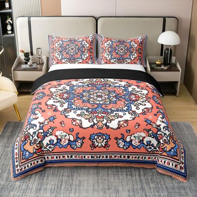 100% Cotton Boho Duvet Cover Full, Bohemian Flowers Bedding Set, Blue Pink Farmhouse Ethnic Abstract Comforter Cover, Geometric Exotic Tribal Bedroom Decor Quilt Cover for Young