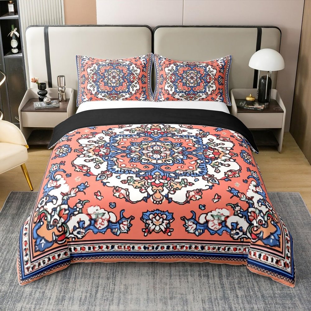 100% Cotton Boho Duvet Cover Full, Bohemian Flowers Bedding Set, Blue Pink Farmhouse Ethnic Abstract Comforter Cover, Geometric Exotic Tribal Bedroom Decor Quilt Cover for Young