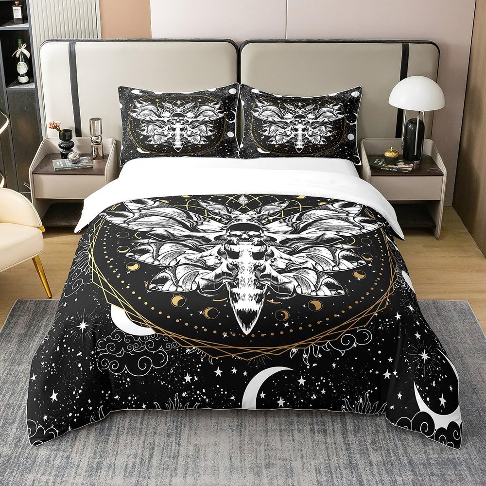 Death Moth Cotton Bedding Sets Twin Size For Girls Boys Child,Boho Gothic Skull Duvet Cover,Golden Sun Moon Comforter Cover,Bohemian Style Galaxy 100% Cotton Set,Star Cloud Print Quilt Cover