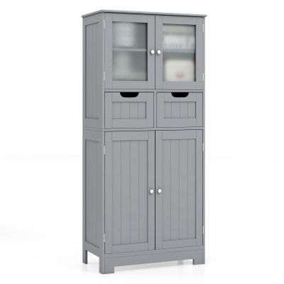 Giantex Bathroom Floor Storage Cabinet - Freestanding Cabinet with 2 Glass Doors, 2 Drawers & Adjustable Shelves, Multifunctional 50.5 Tall Storage Organizer Cupboard for Kitchen, Living Room (Gray)