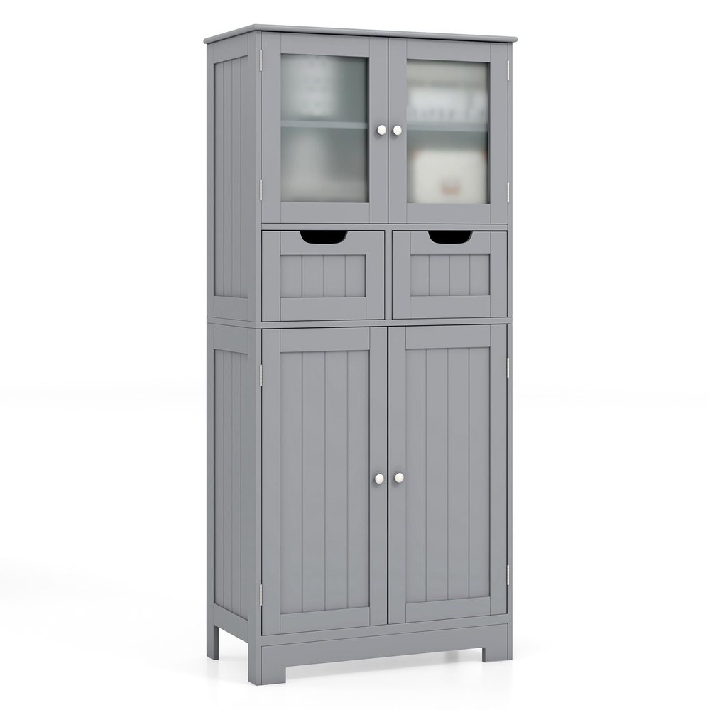 Giantex Bathroom Floor Storage Cabinet - Freestanding Cabinet with 2 Glass Doors, 2 Drawers & Adjustable Shelves, Multifunctional 50.5 Tall Storage Organizer Cupboard for Kitchen, Living Room (Gray)